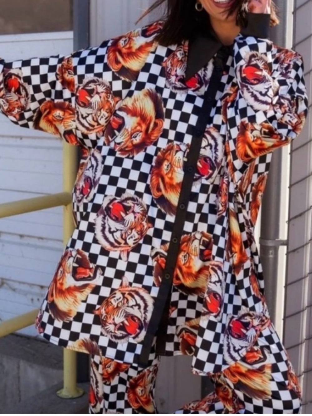 Checkerboard Tiger Print Button-Up Shirt - Black, White & Orange